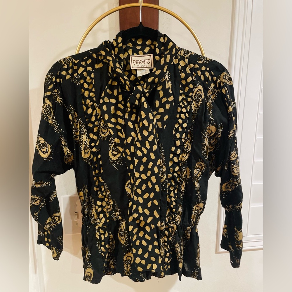 Peaches Black and Gold Abstract Tie-Neck Blouse